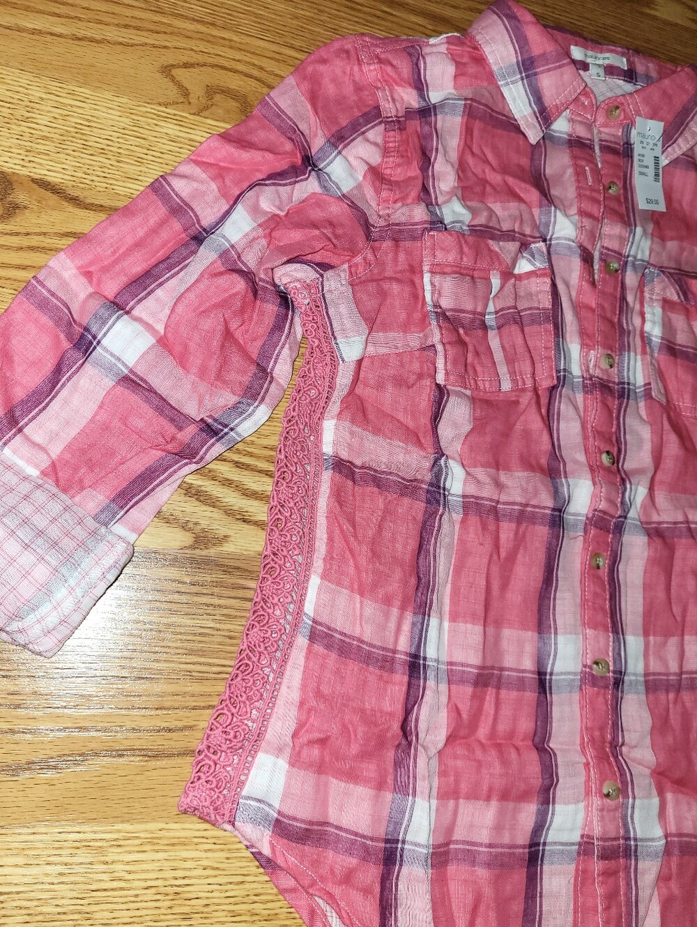 Maurices Pink Plaid Button-Down Shirt with Crochet Side Panels